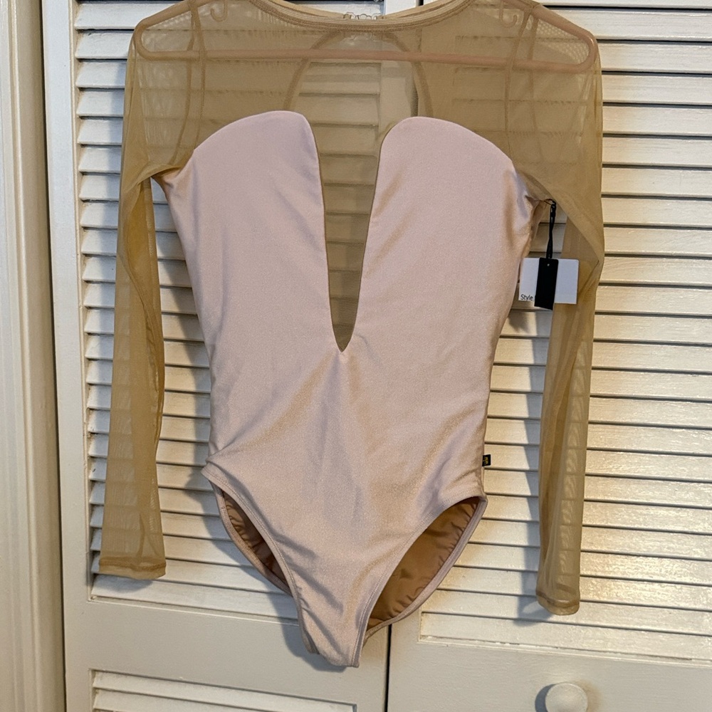 Chic Mesh Bodysuit in tan and soft pink .